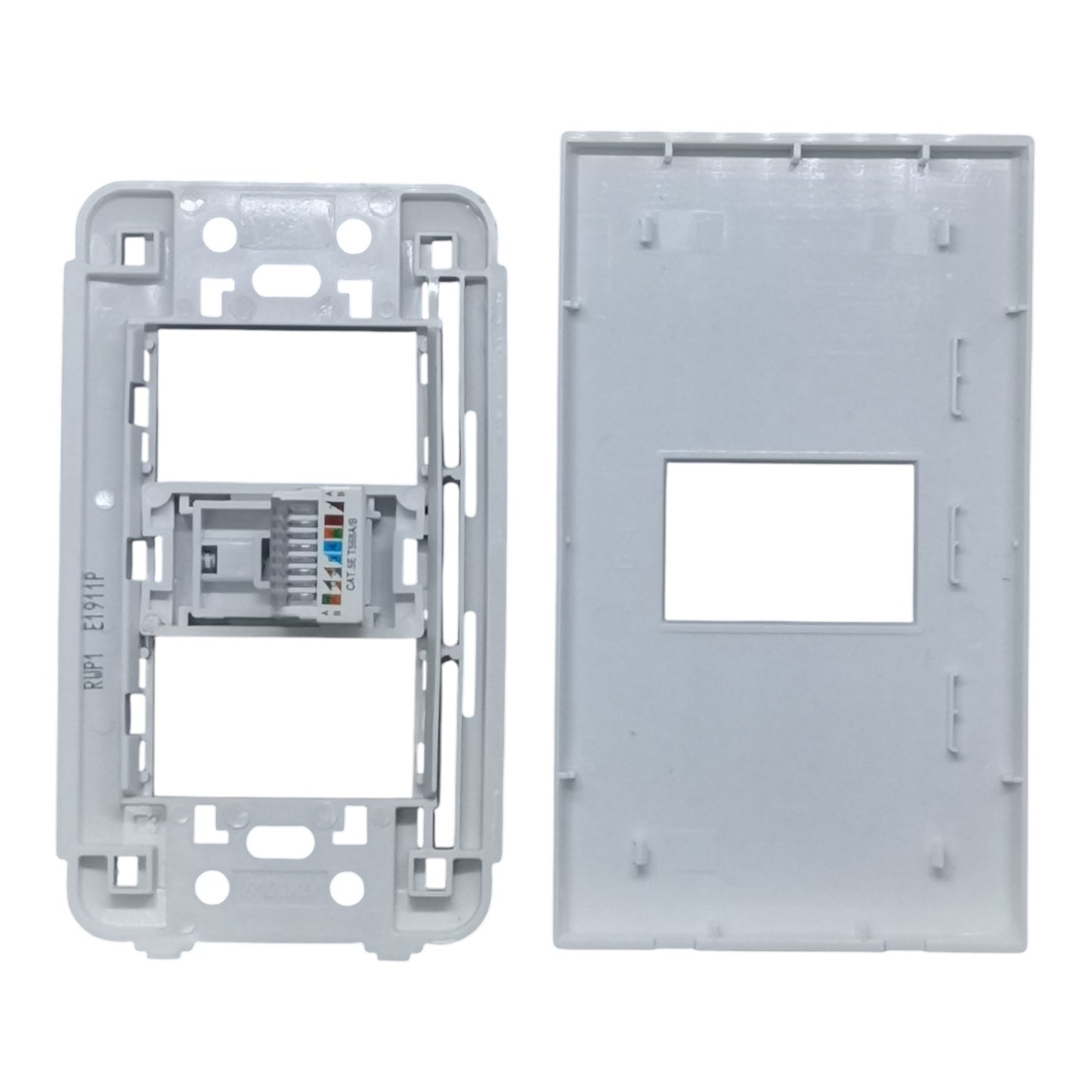 A light gray plastic modular switch or outlet frame assembly shown in two pieces on a plain white background: an open backplate with internal connector area visible on the left, and a matching front cover plate on the right.