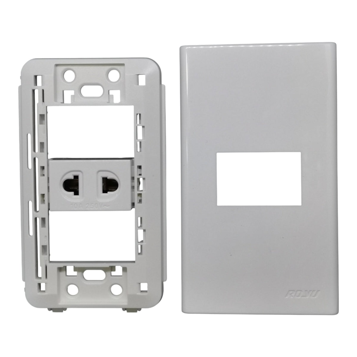 A white plastic double outlet electrical wall plate kit, showing the backplate with the outlet socket on the left and the front cover plate with a rectangular cutout on the right. The brand name 'ROSU' is embossed on the bottom right corner of the front cover.