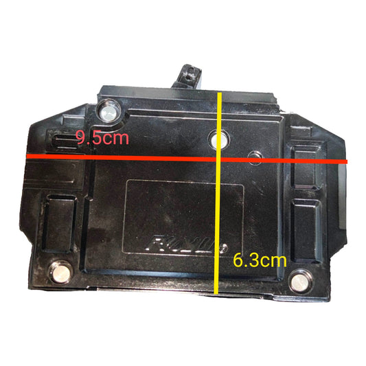 Black plastic molded part shown on a white background with overlaid dimension lines and text indicating 9.5 cm width and 6.