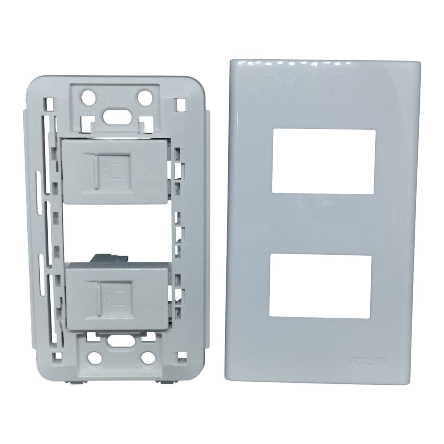 A light gray dual-port electrical outlet cover plate kit, showing both the backplate with two rectangular cutouts and the corresponding mounting backplate.