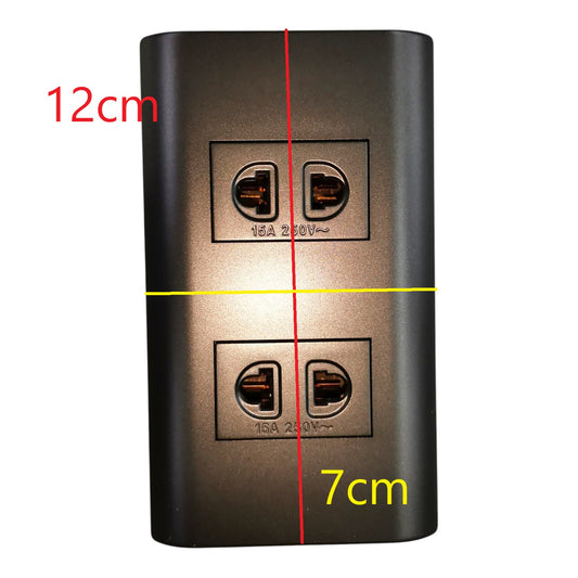 A dark gray wall outlet cover plate shown on a white background with red and yellow measurement lines and text indicating dimensions: 12cm width and 7cm height.
