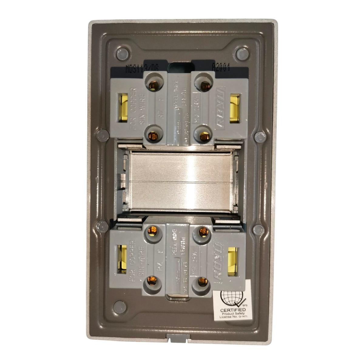 An industrial double 12V battery charger or dual battery terminal adapter with a metallic silver center section and gray plastic outer casing, featuring a 'Certified' label at the bottom right.