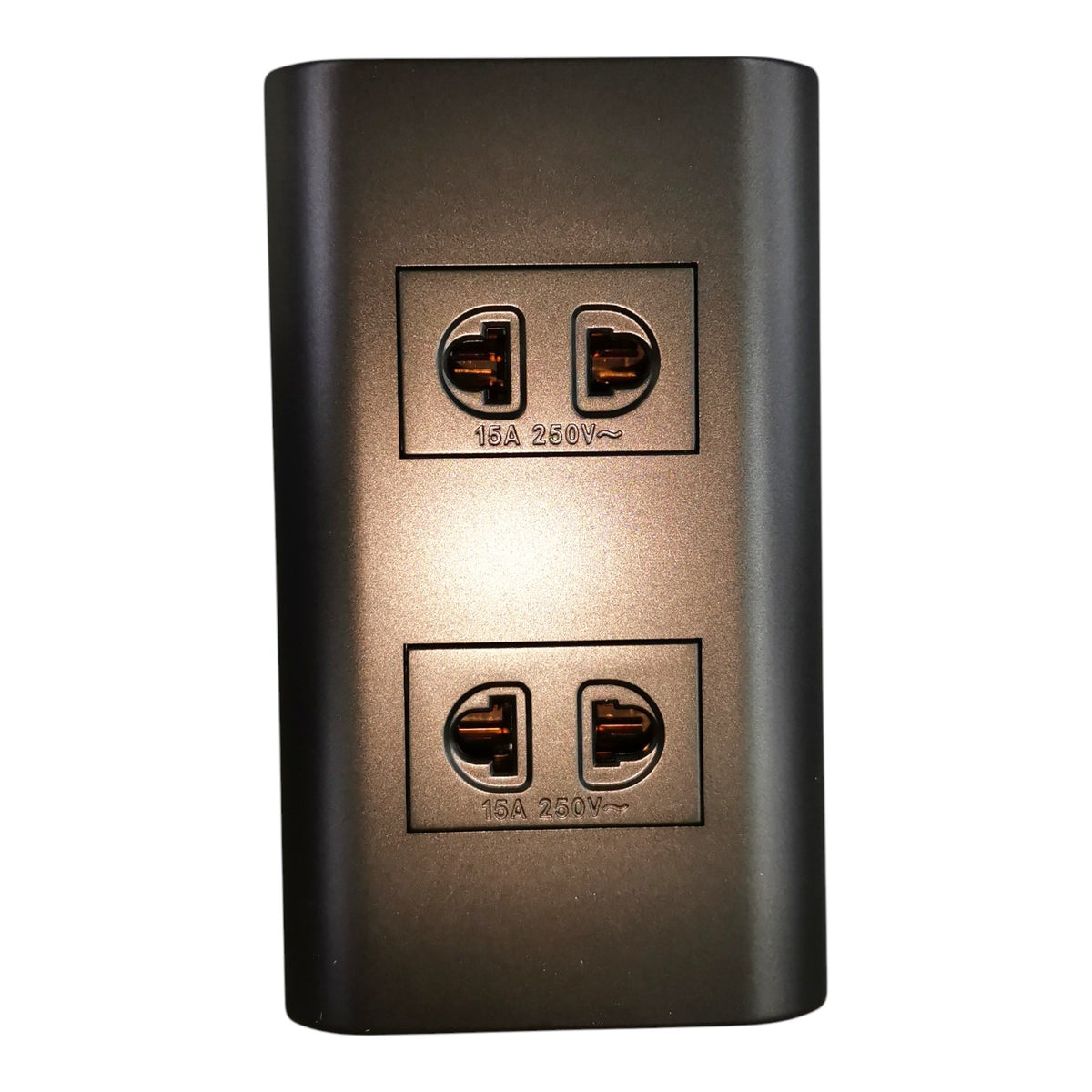 A modern wall outlet cover plate featuring two 15A 250V AC duplex outlets in a brushed bronze finish, shown against a plain white background.