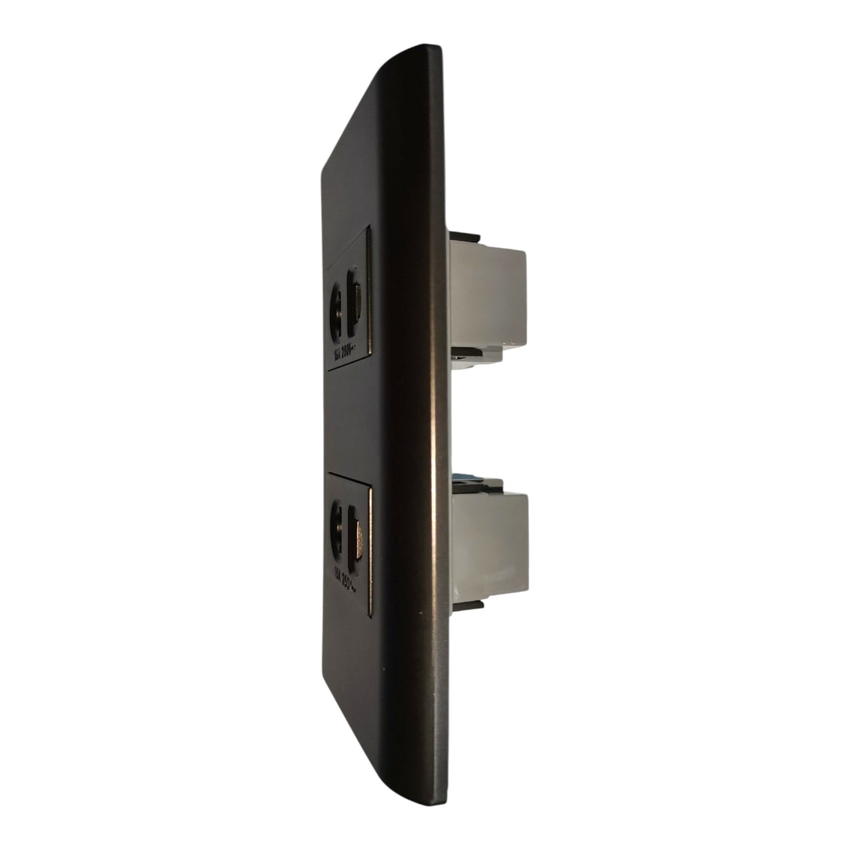 A modern wall outlet panel with a dark bronze finish and silver metal backplates, shown from a side profile view on a white background.