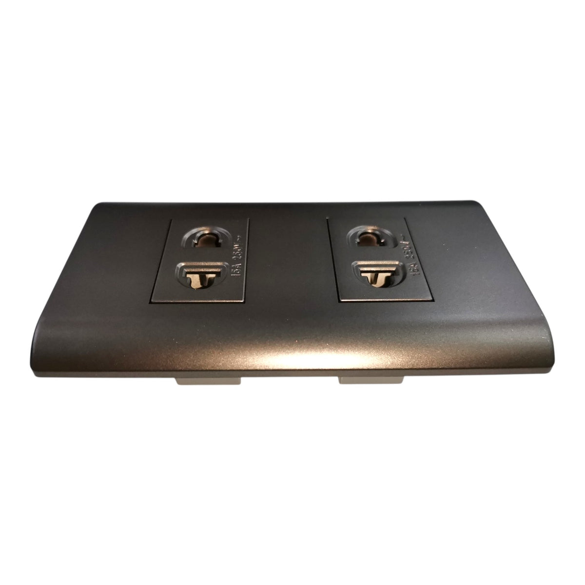 A modern black double electrical outlet socket cover plate with integrated metallic silver sockets, shown from a top-down perspective on a white background.