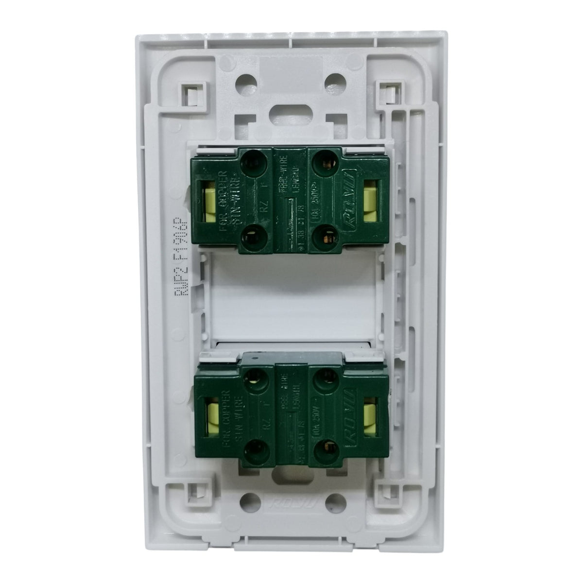 A two-gang modular wall switch plate featuring two green modular terminal blocks with yellow-green screw terminals, set in a white plastic backplate.