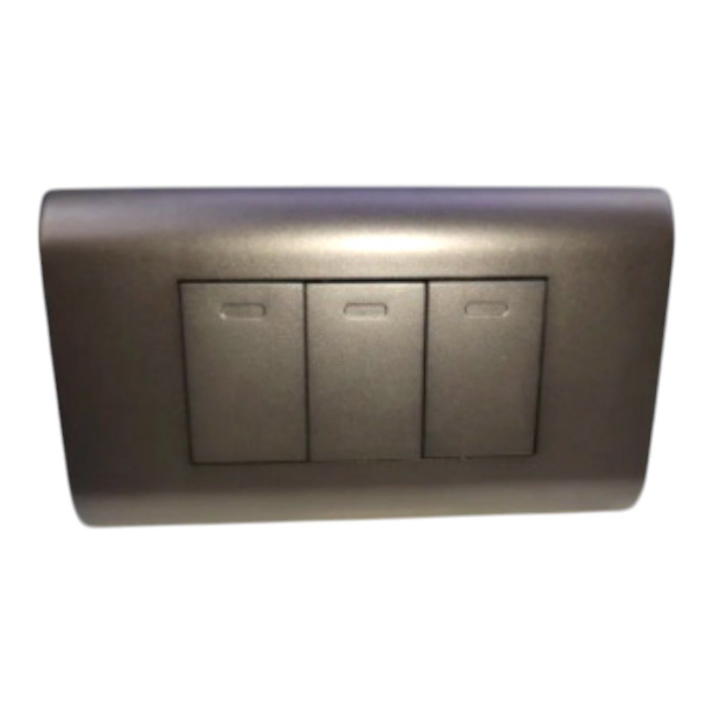 A three-button light switch plate in a dark metallic bronze finish, shown against a plain white background.