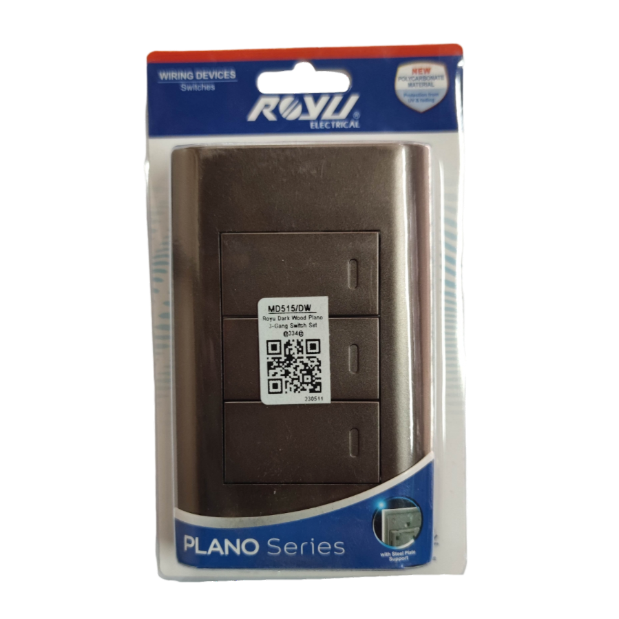 Royu Plano Series 3 gang 1 way switch in dark wood color with QR code on packaging