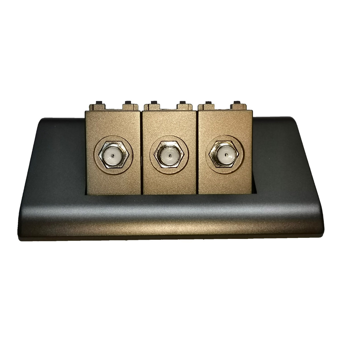 A three-terminal electrical terminal block with three gold-colored metal blocks, each featuring a silver hexagonal connector, mounted on a black rectangular base.