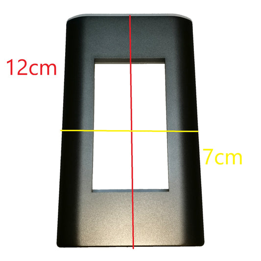 A rectangular black metal frame or mounting plate shown on a white background with red and yellow measurement lines and labels indicating 12 cm height and 7 cm width.