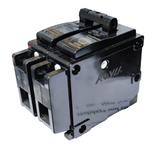 A black electrical circuit breaker with a top handle, photographed on a plain white background. The brand name 'ROW' is visible on the side of the unit.