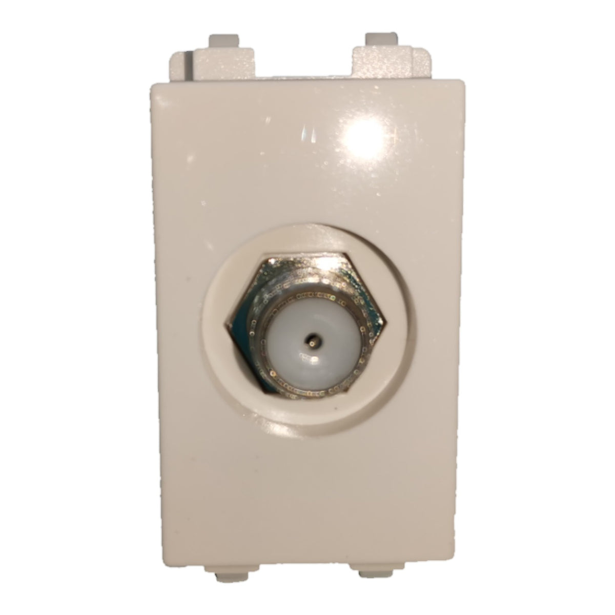 An off-white plastic wall-mount electrical outlet or junction box with a circular metal and plastic socket in the center, shown against a plain white background.