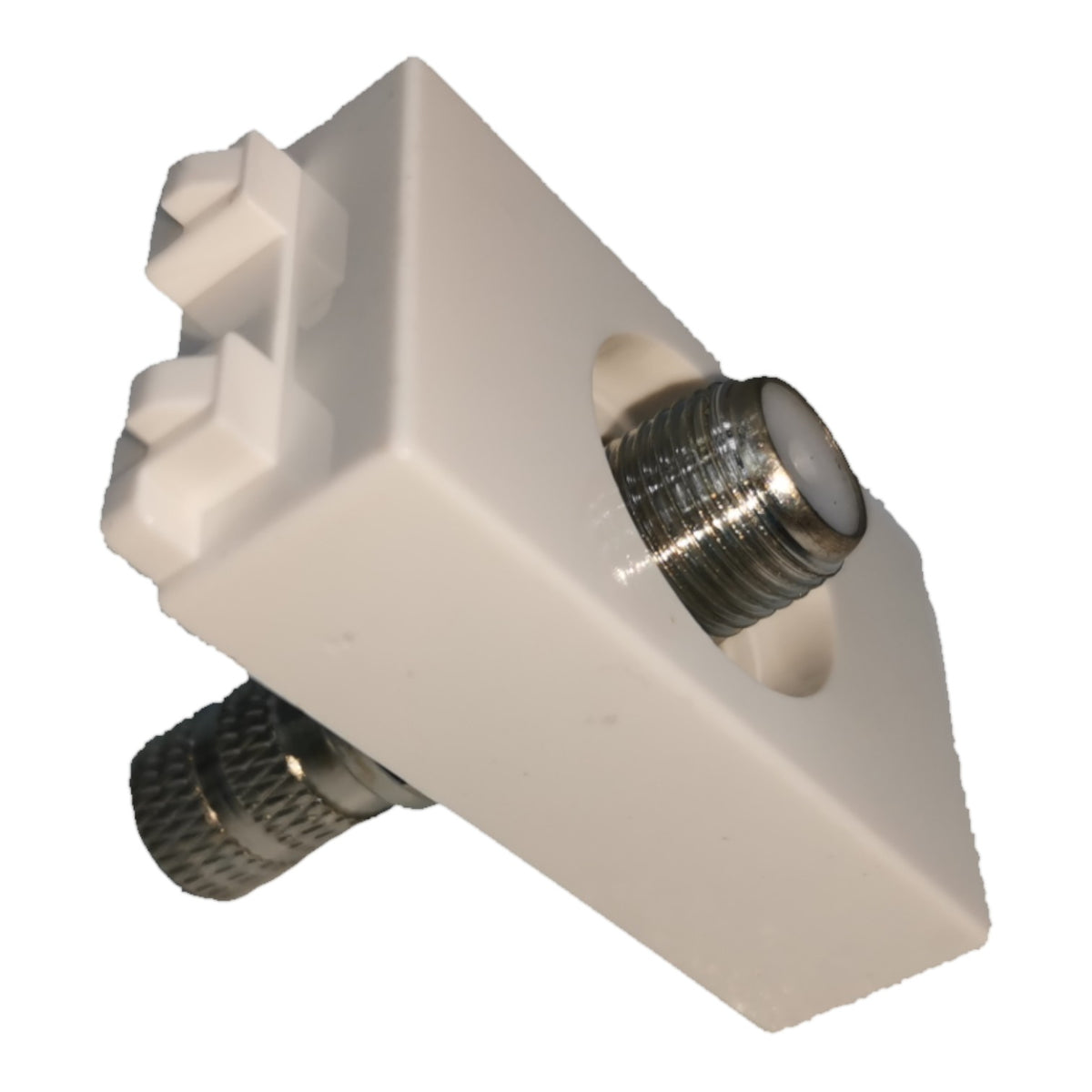 A white plastic adapter block with two threaded metal connectors, one protruding from a side slot and another angled from the bottom, shown on a plain white background.