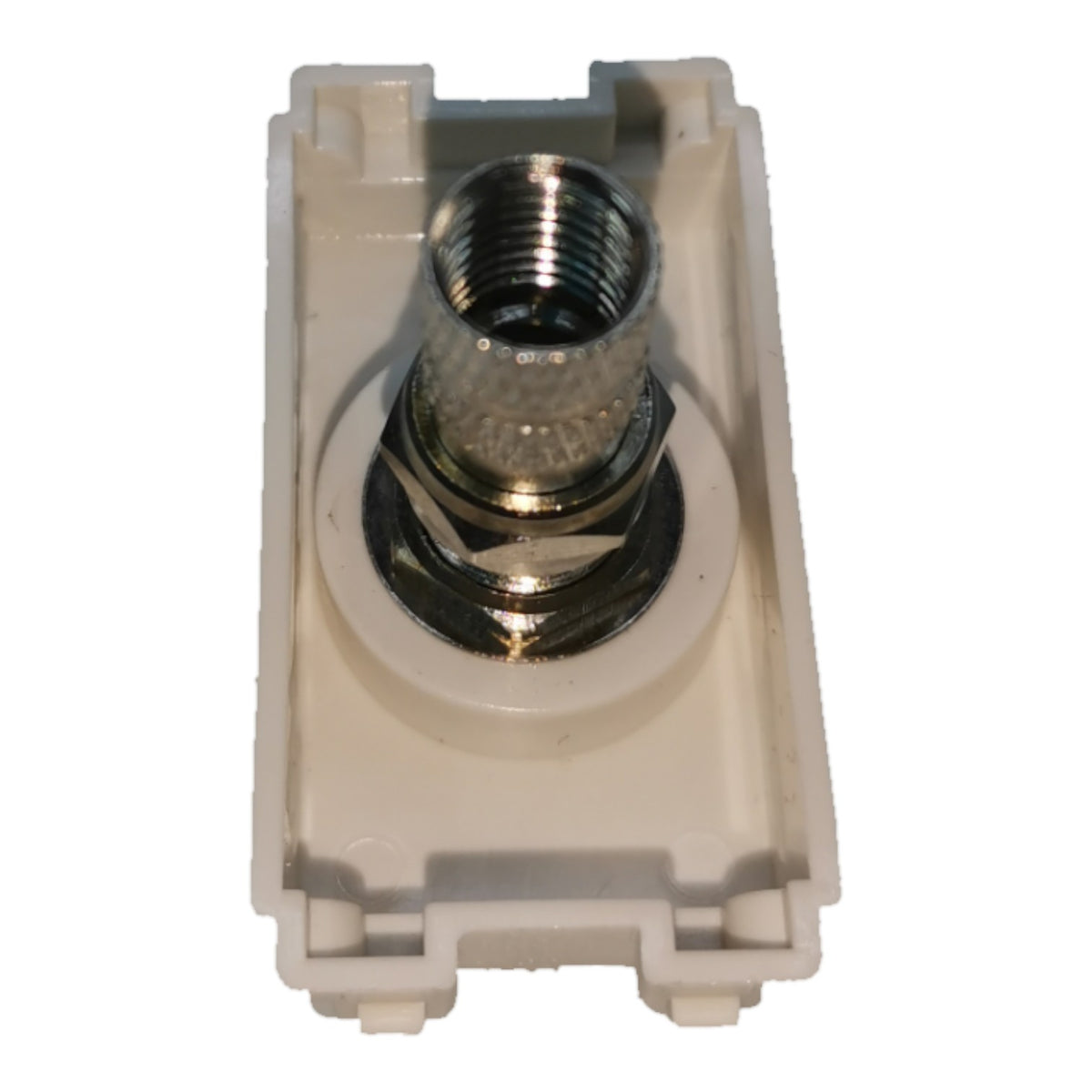 A white plastic wall outlet component with a threaded metal center post and a silver metal base ring, shown on a plain white background.