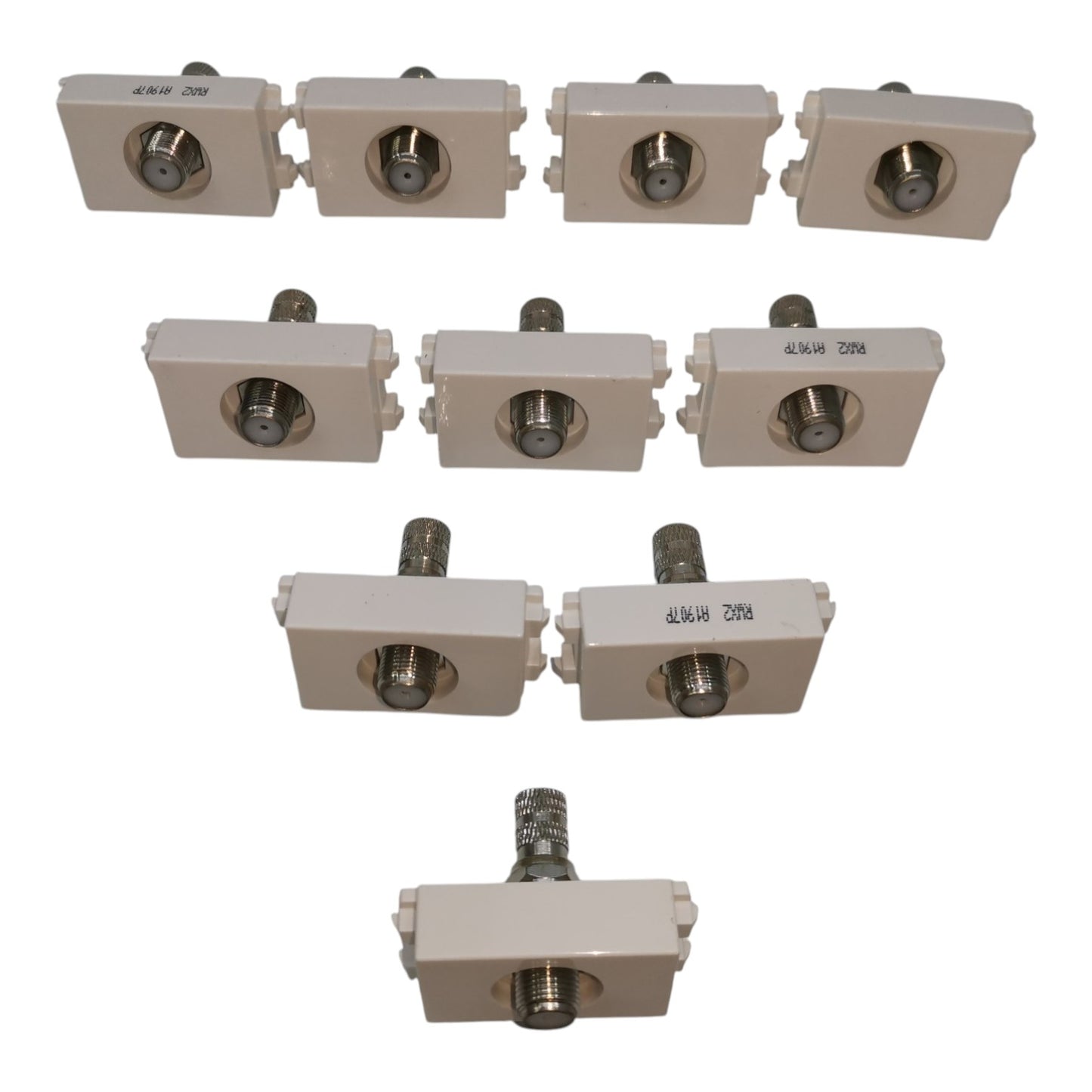 Nine beige electrical connector blocks with metal screw terminals, arranged in rows on a plain white background.