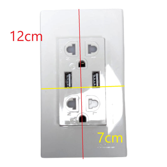 White wall outlet cover plate shown with overlaid dimension lines and text indicating 12 cm height and 7 cm width on a plain white background.