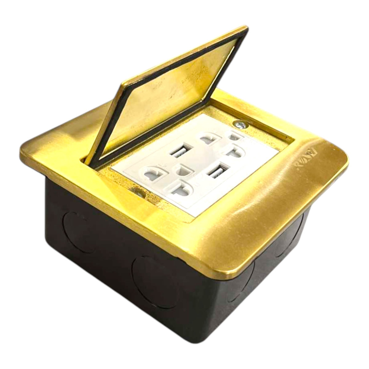 A waterproof outdoor duplex outlet box with a black plastic base, a gold-colored top cover, and an open hinged lid showing a white electrical outlet inside, isolated on a white background.