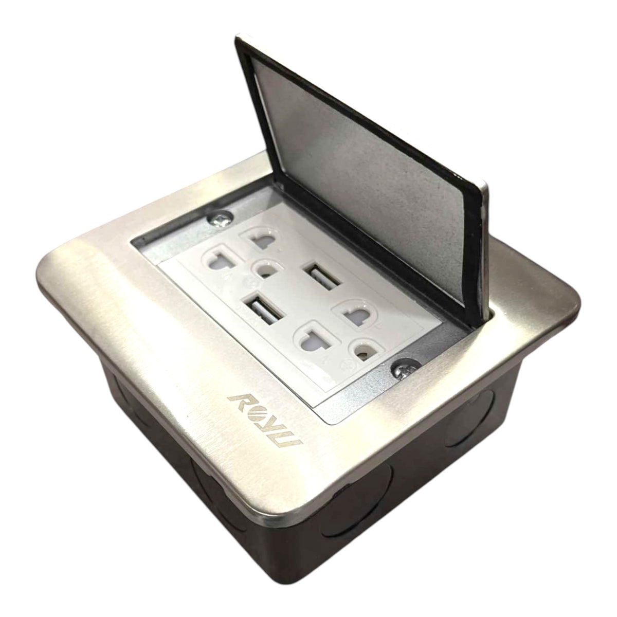 A recessed dual outlet power strip with a brushed stainless steel faceplate and black base, featuring a hinged cover that is open to reveal two USB-A ports and two standard wall outlets. The brand 'ROVI' is debossed on the front.