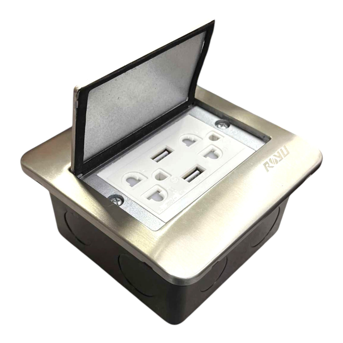 A marine or outdoor pop-up duplex outlet with integrated USB-A and USB-C ports, featuring a brushed stainless steel top cover that is open to reveal the outlets and a black junction box base.