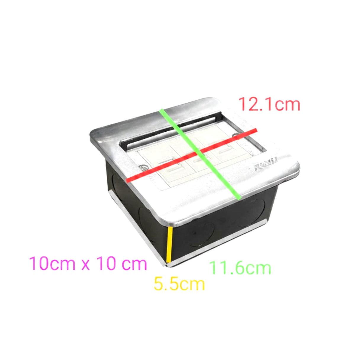 A square metal electrical outlet cover shown on a white background with overlaid dimension labels and colored measurement lines indicating 12.1 cm, 10 cm x 10 cm, 11.