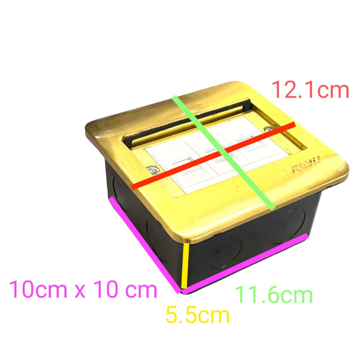 A square electrical outlet cover or socket with a gold top plate and black base, shown on a white background with colored measurement lines and text indicating dimensions: 12.1 cm, 10 cm x 10 cm, 11.
