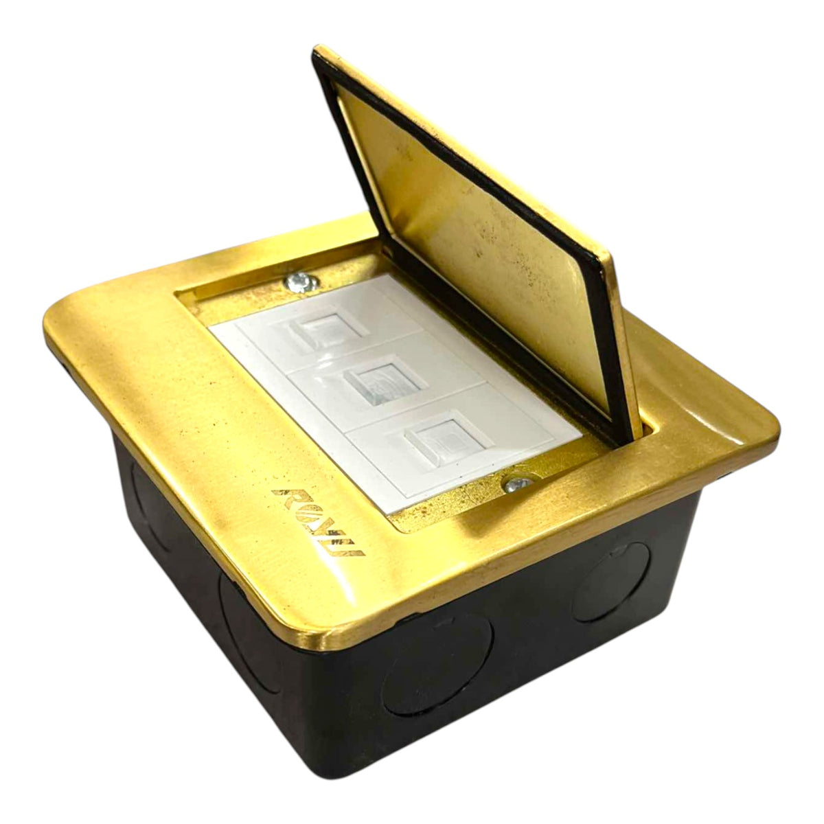 A waterproof electrical outlet cover with a gold-colored top plate, a black plastic base, and an open white cover plate showing three socket outlets. The brand name 'POWE' is embossed on the gold plate.