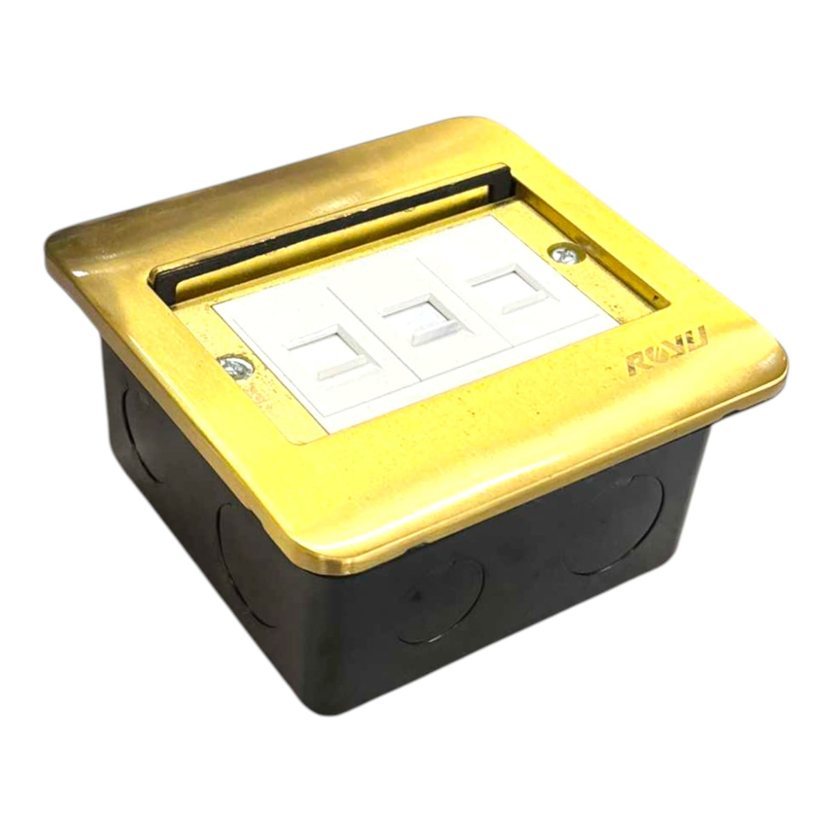 A three-gang modular patch panel jack socket box with a gold-colored metal top plate and a black plastic base, shown on a white background.
