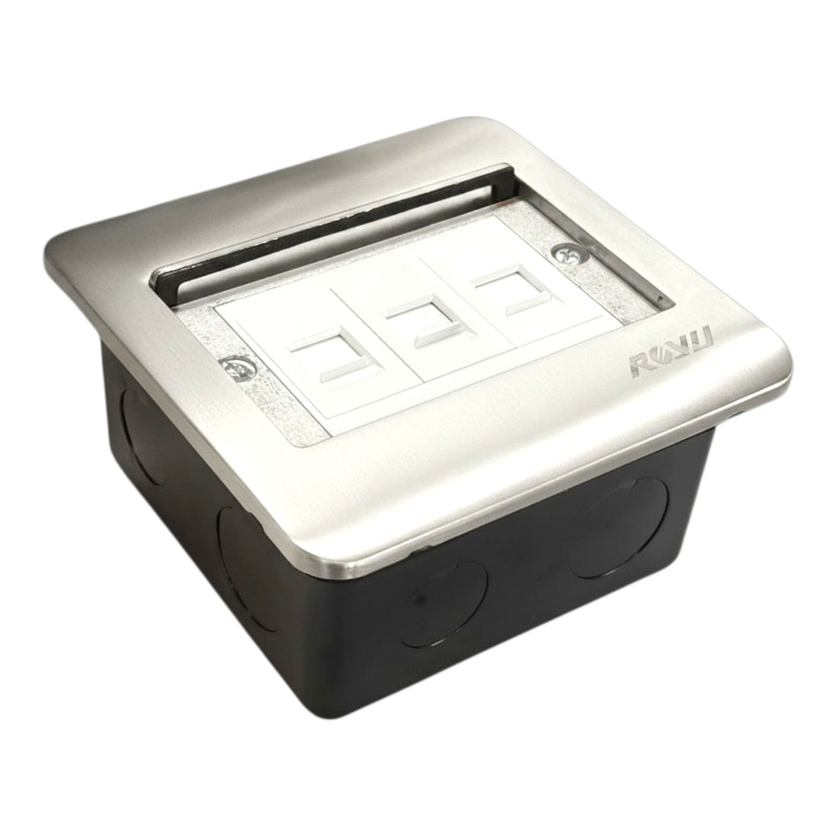 A recessed three RJ45 network outlet module with a brushed silver metal top plate and a black plastic base, featuring the ROVI brand logo on the top right.