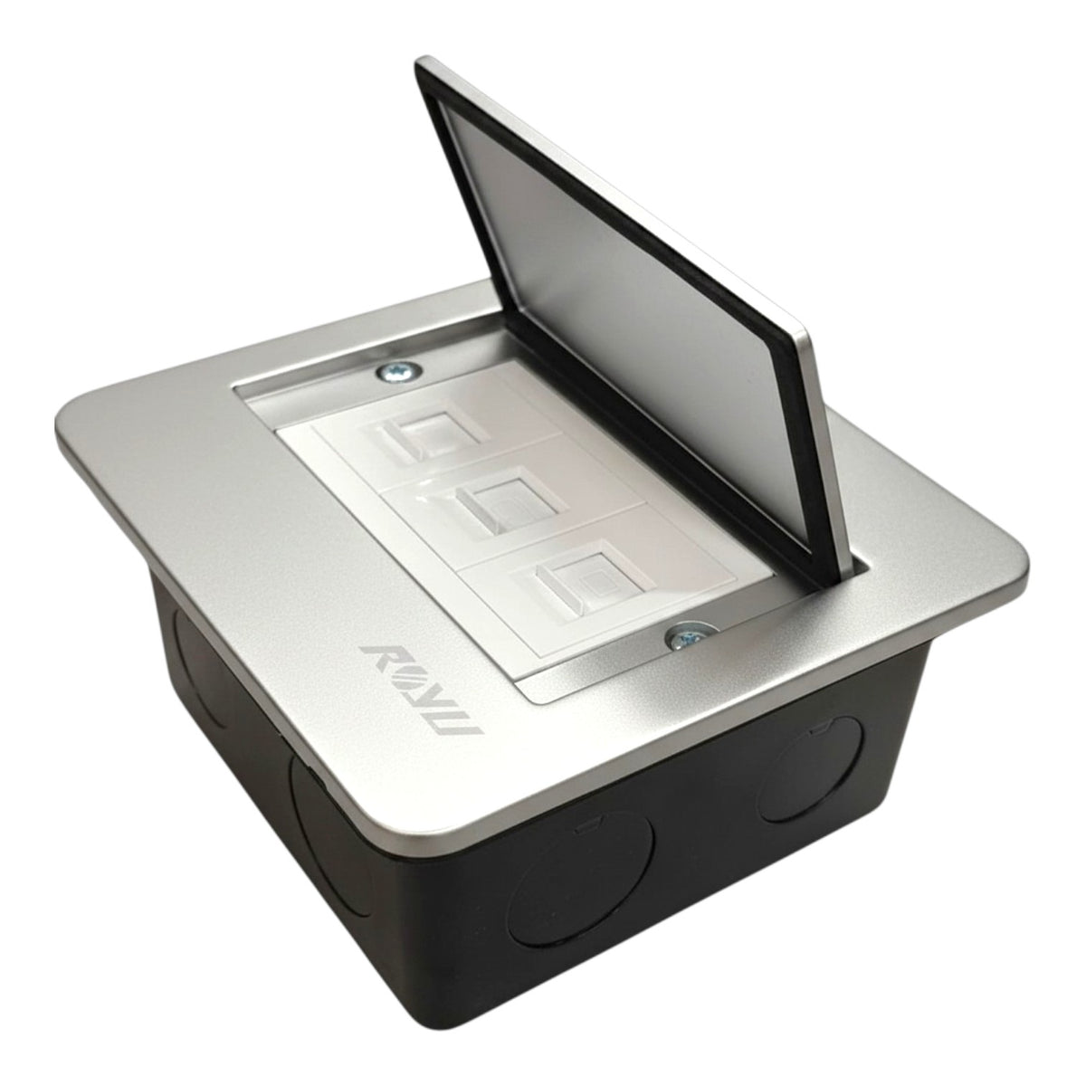 A silver and black pop-up electrical outlet cover with a three-socket faceplate, shown open on a white background.