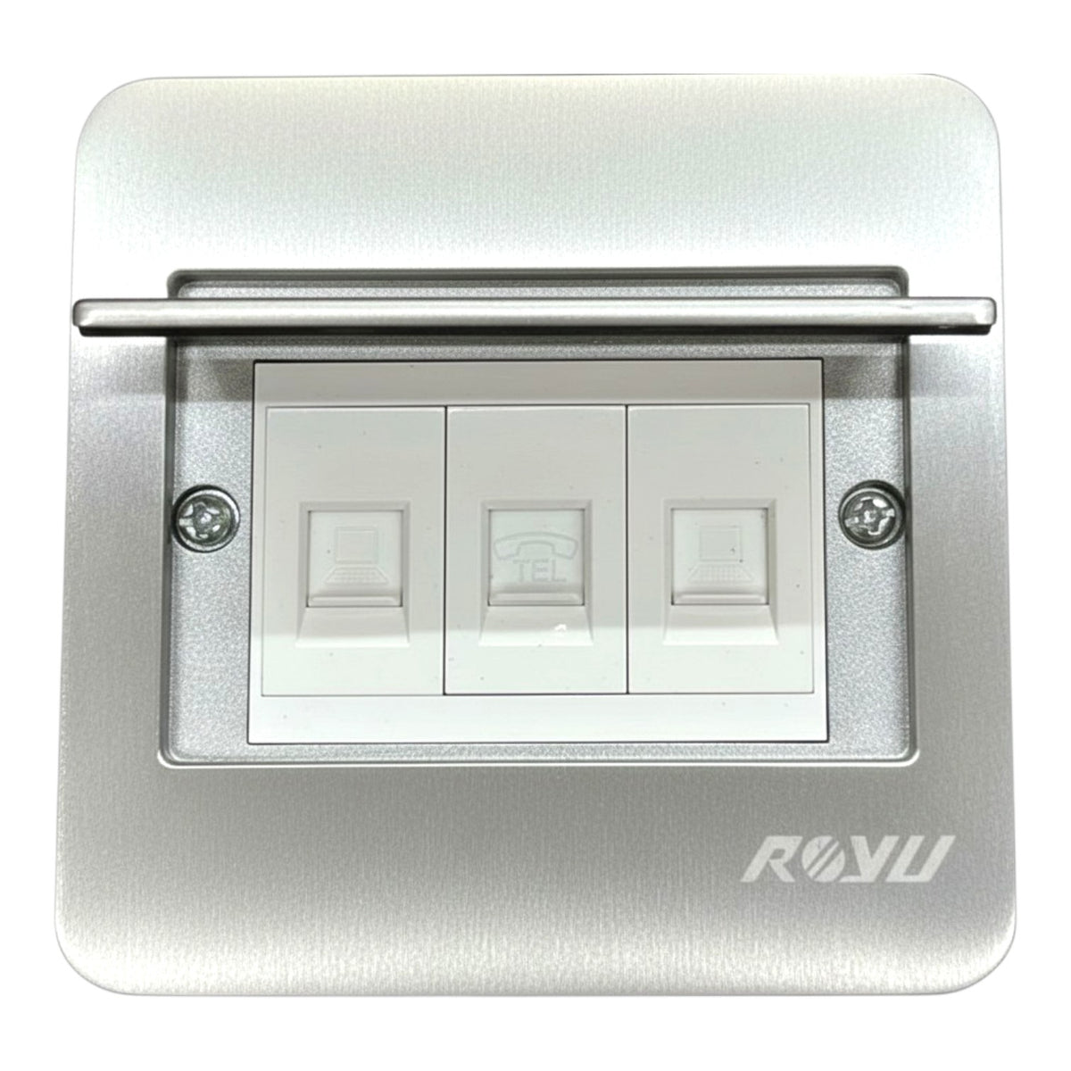 A modern three-button call button panel with a brushed silver metal faceplate and a white central insert, shown on a plain white background. The brand name ROYU is printed on the bottom right.