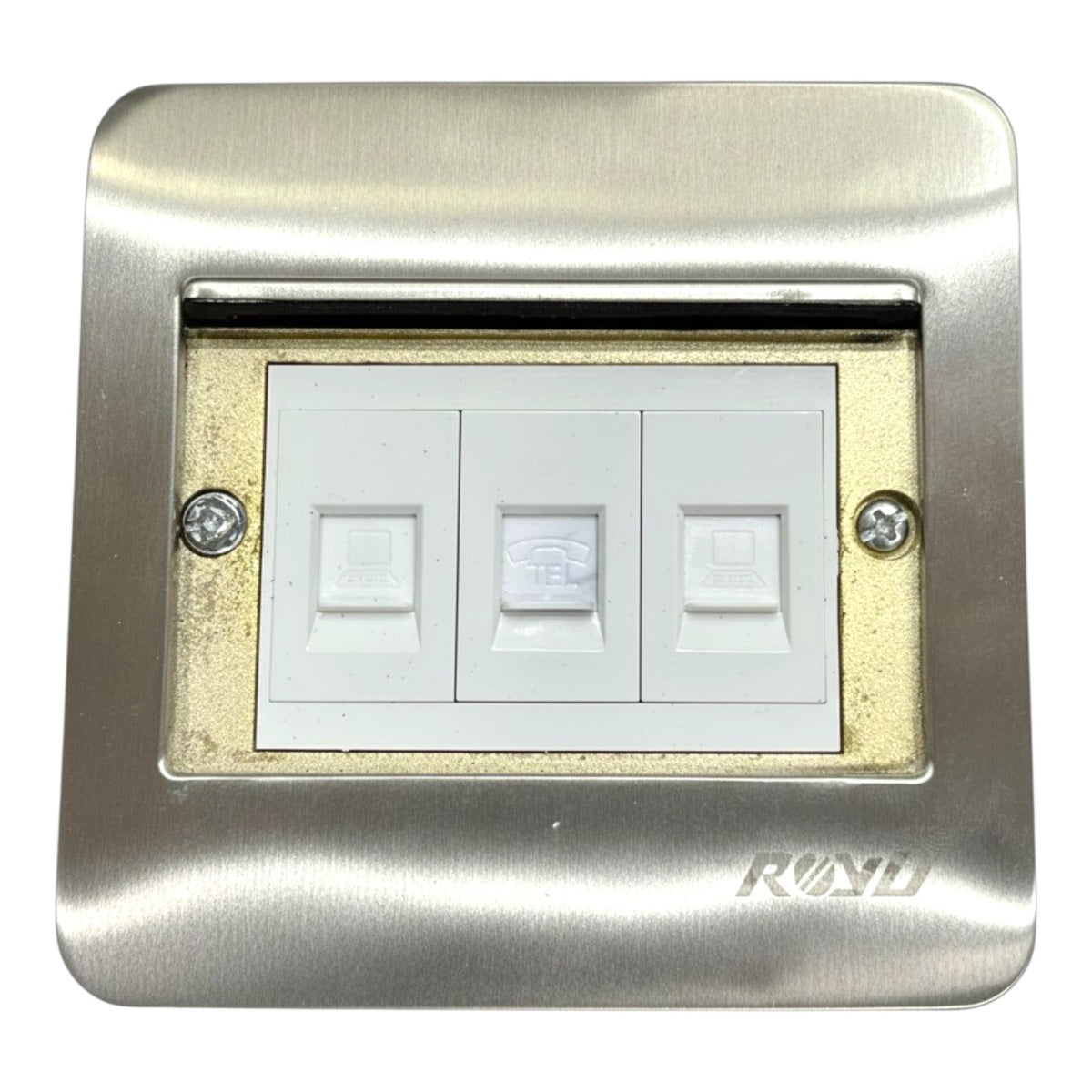 A three-button electrical switch panel with white plastic rocker switches set in a brushed silver metal faceplate, shown against a plain white background.