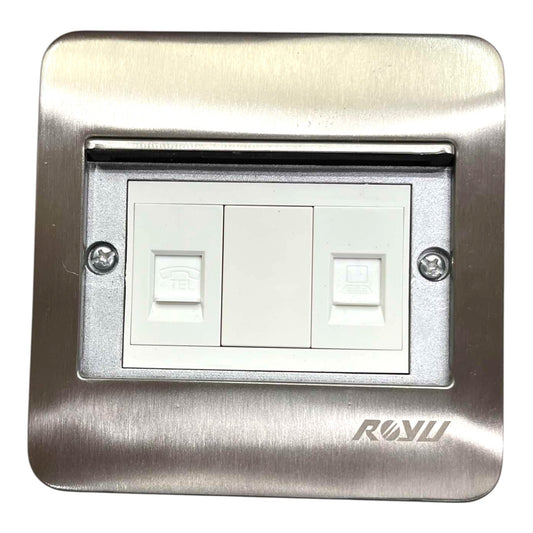 A modern wall switch plate featuring a brushed stainless steel frame with a recessed white double-gang switch panel in the center. The brand name 'ROUYU' is debossed on the bottom right of the metal plate.