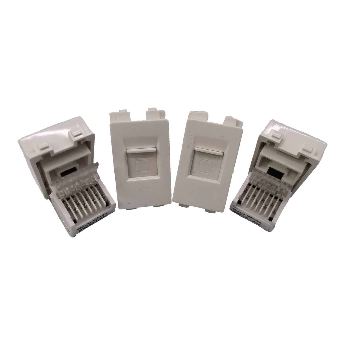 Four white RJ45 network module connectors shown on a plain white background, with two closed and two open to display the internal pin layout.