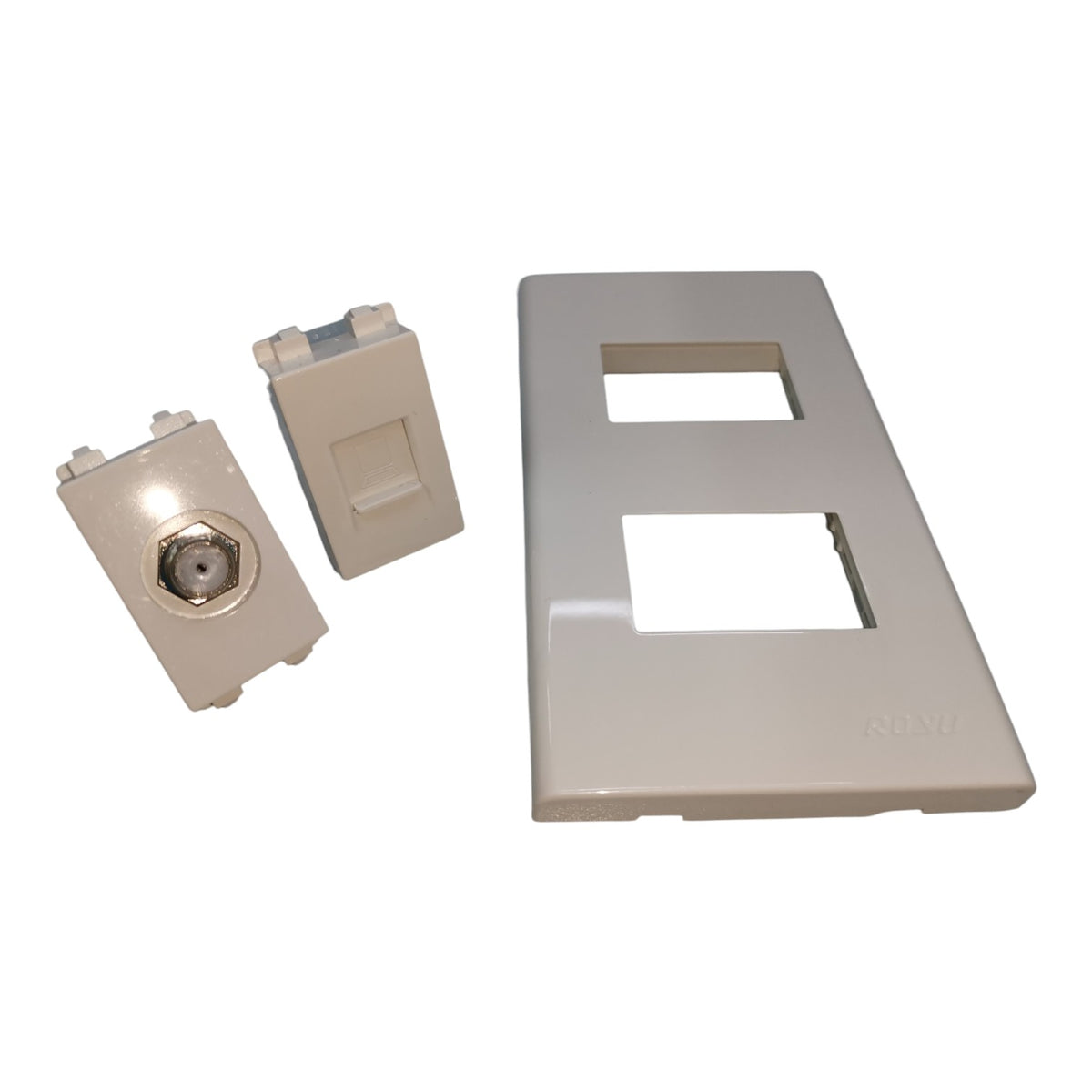 A set of beige plastic electrical wall switch components, including a double-switch faceplate and two individual switch modules, shown on a plain white background.