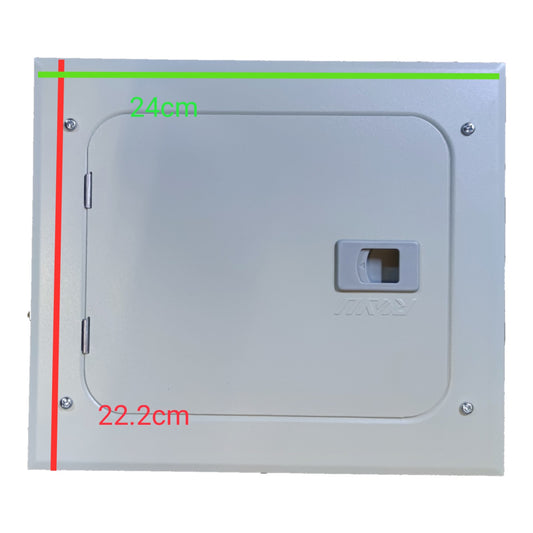 A square metal utility or electrical panel with a hinged door and a small lockout switch, shown on a white background with red and green dimension lines and text indicating 24cm and 22.2cm.