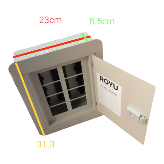 A ROYU panel mandarin electrical cabinet shown open, with dimension annotations in red, green, and yellow indicating measurements of 23cm, 8.5cm, and 31.
