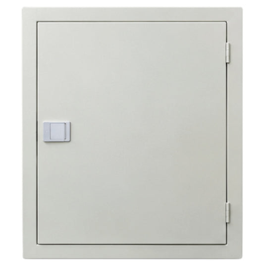 A light gray metal utility door or access panel with a small square handle and hinges on the right side, shown against a plain white background.