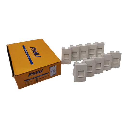 A box of RAW brand RJ45 100BASE-T2 network interface modules, with one orange cardboard box and nine light gray plastic modules arranged beside it on a white background.