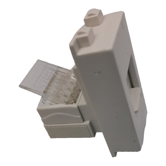 A white RJ45 network jack connector with a partially inserted transparent cable, shown against a plain white background.