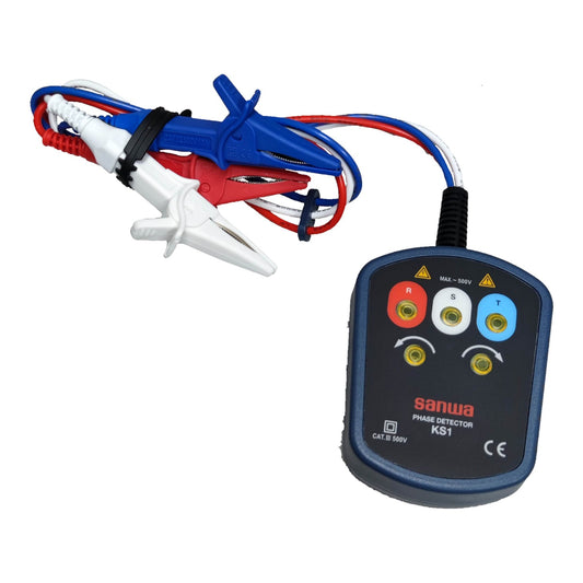 Sanywa phase detector with multicolored leads on a white Sanwa Phase Detector KS1 3-Phase Sequence Tester Electx Electrical Supplybackground