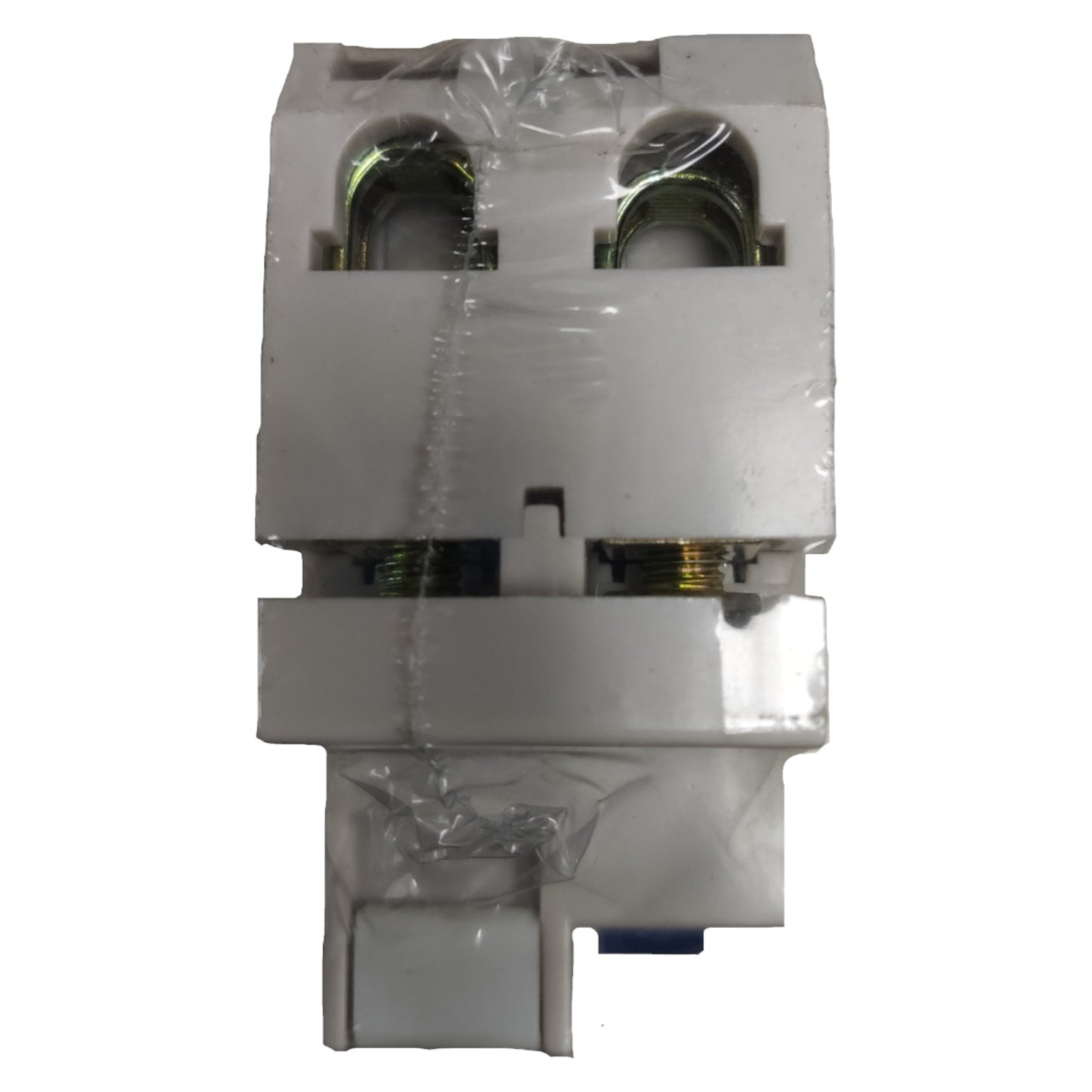 Electrical connector with clear plastic wrap on a white background