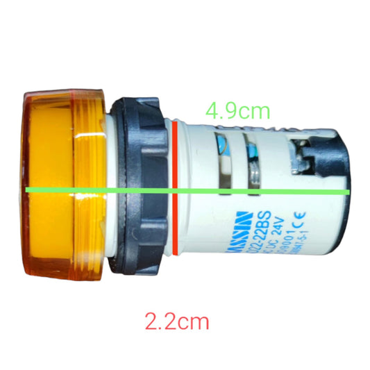 A cylindrical industrial indicator light with an amber glass lens, black ribbed collar, and white body printed with 'KSWM' and '222BDS'. Green and red dimension lines and text overlays show measurements of 4.