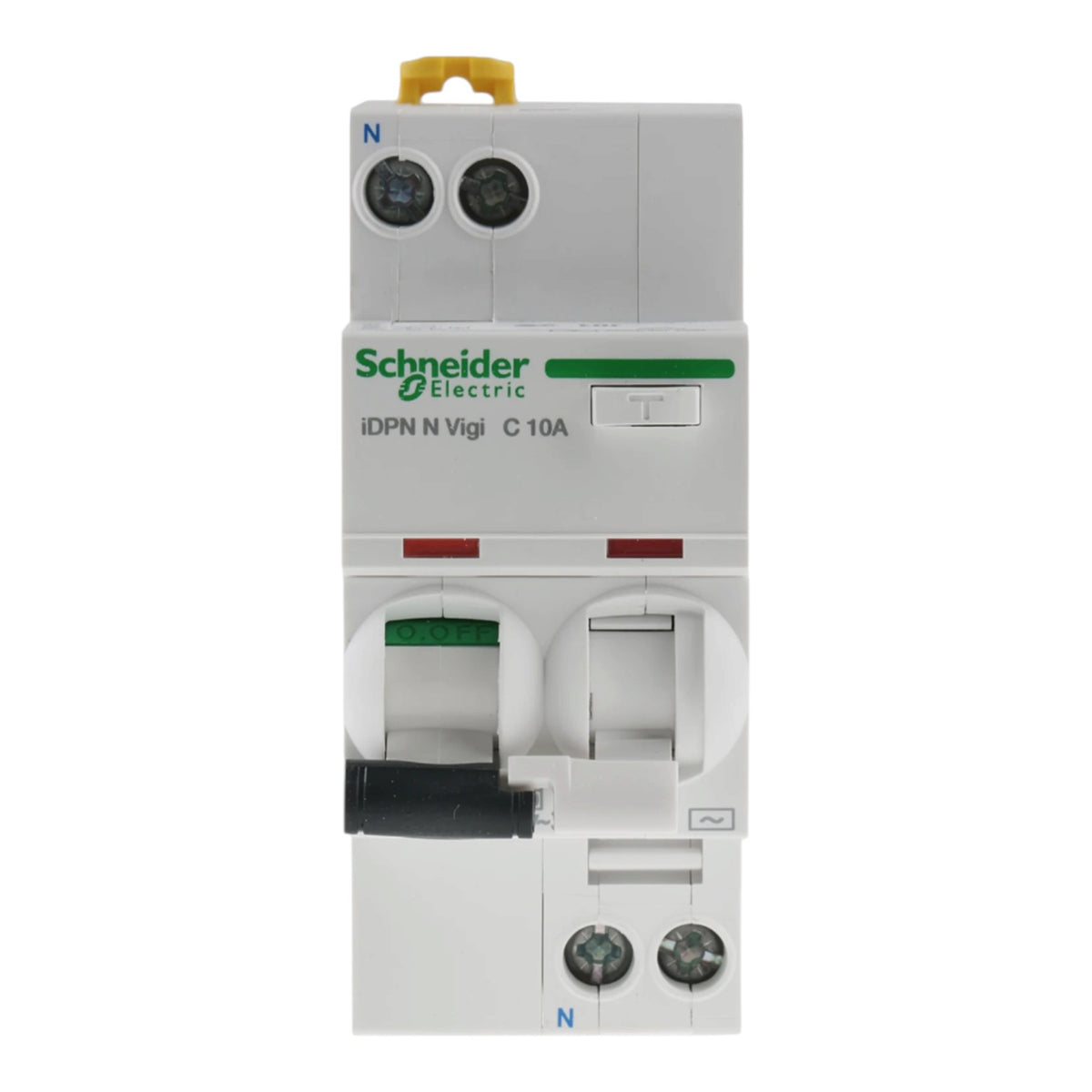Schneider Electric iDPN N Vigi C 10A modular circuit breaker, white plastic housing with green brand logo, yellow top handle, and black switch lever, shown on a white background.