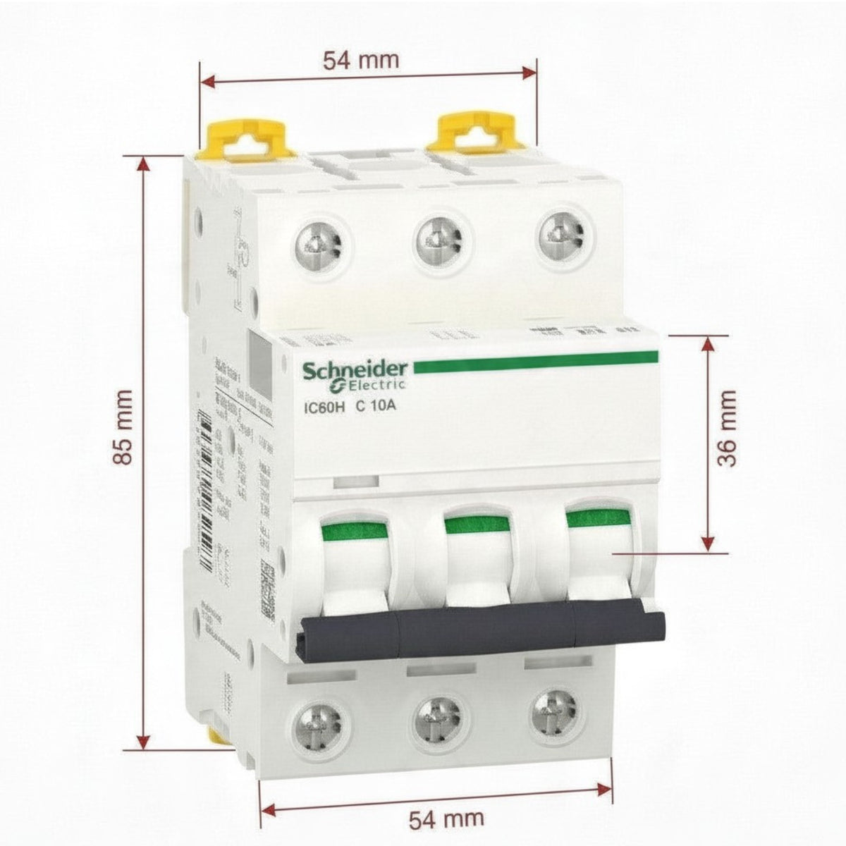 Schneider Electric ICB60H C 16A modular circuit breaker with labeled callouts for parts and specifications on a white background.