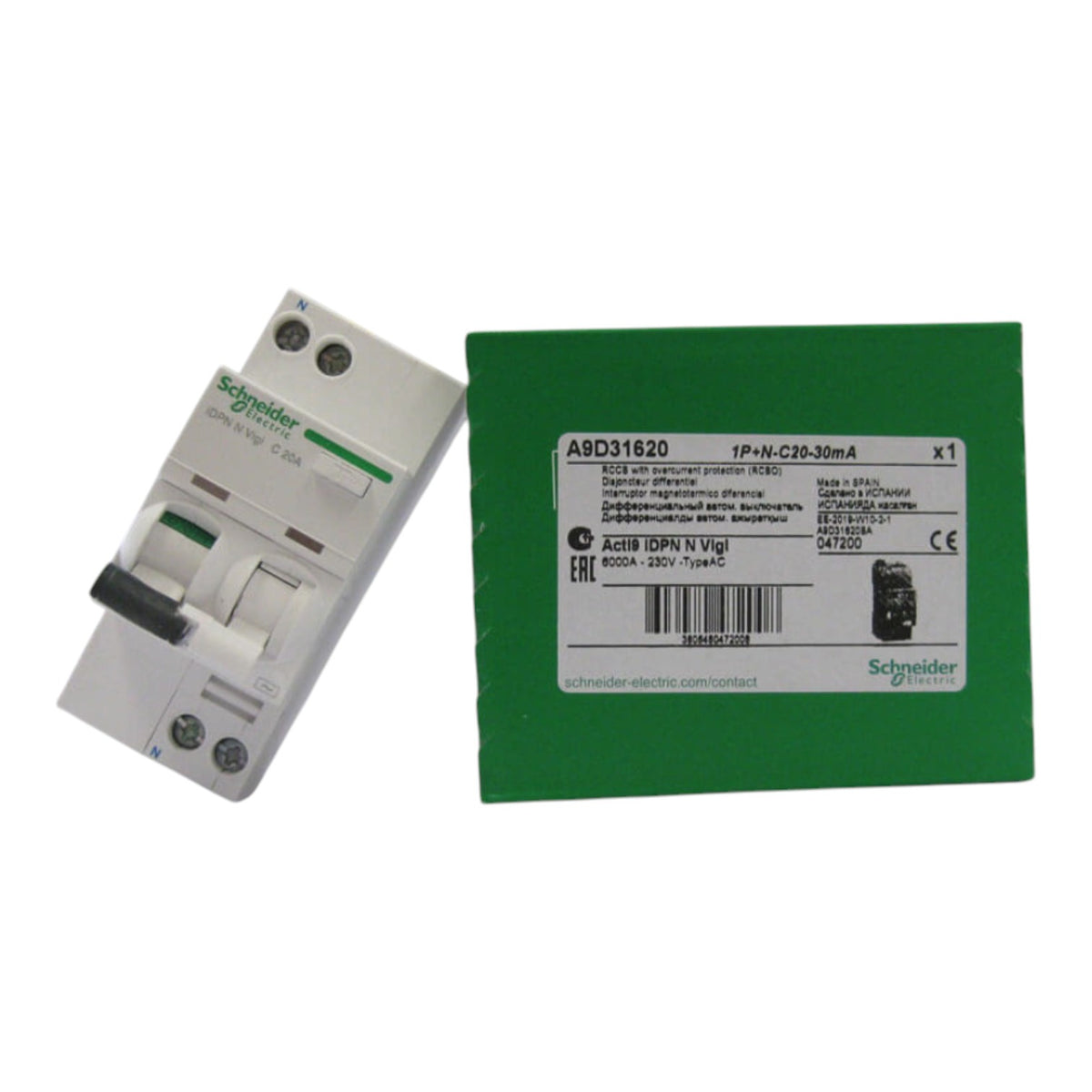 Schneider Electric AC/DC 24V contactor module shown with its green protective casing and white technical label, alongside the white main contactor unit.