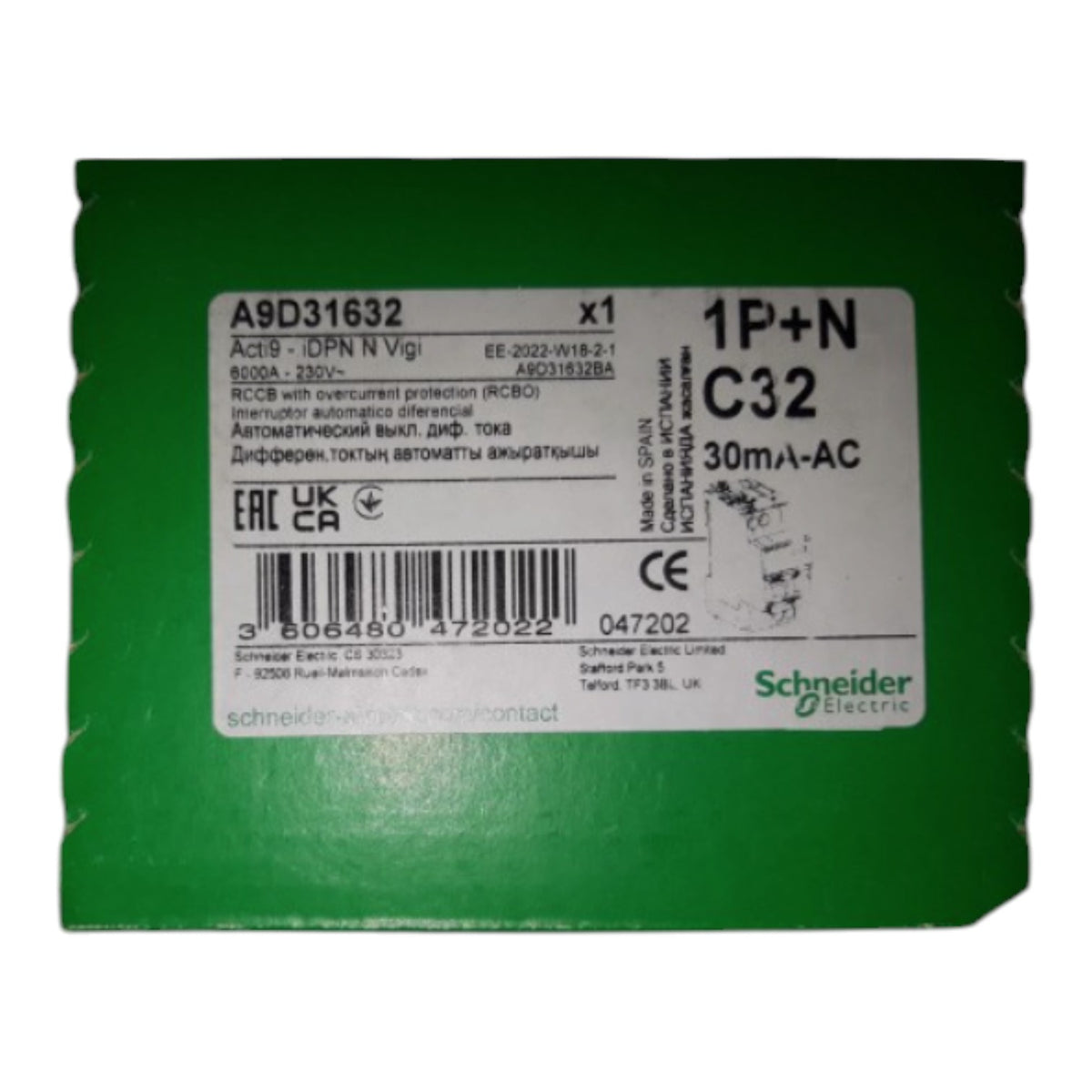 Schneider 32A 1P+N 30mA 240Vac Residual Current Circuit Breakers RCBO Miniature Type with Overload Protection A9D31632 Electx Electrical Supply