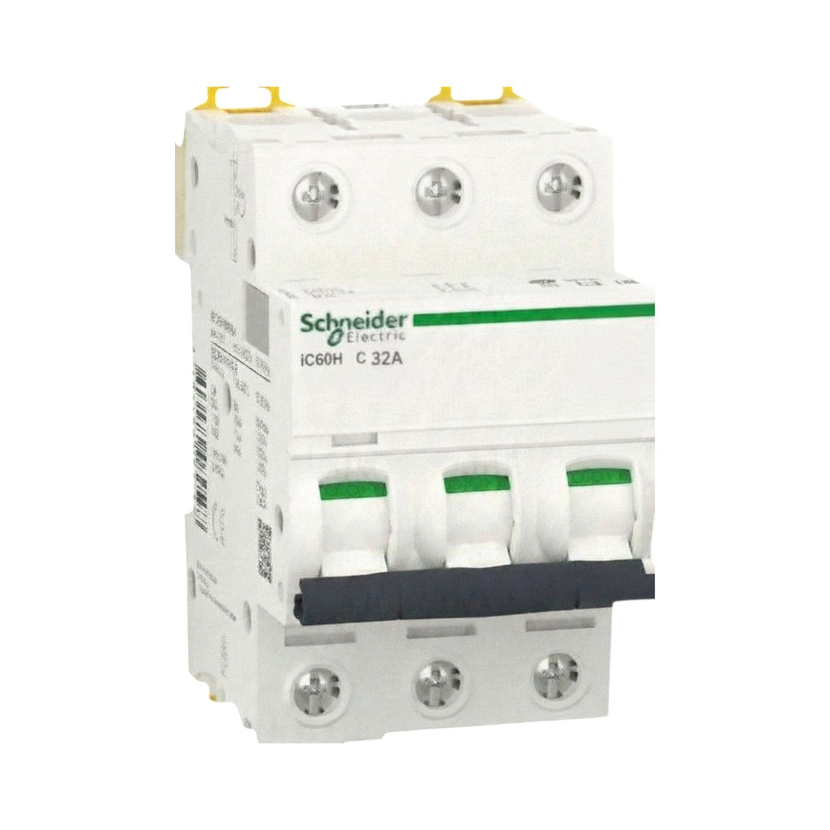 Schneider Electric IC60H C 32A modular circuit breaker, white plastic housing with green accents and a black handle, shown on a white background.