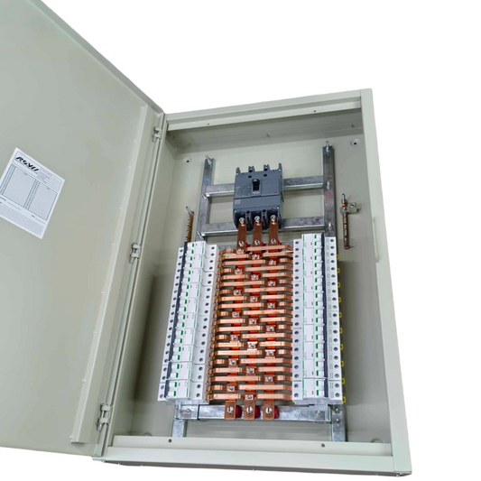 Schneider 3 pole main circuit breaker panel with copper busbars inside a metal enclosure