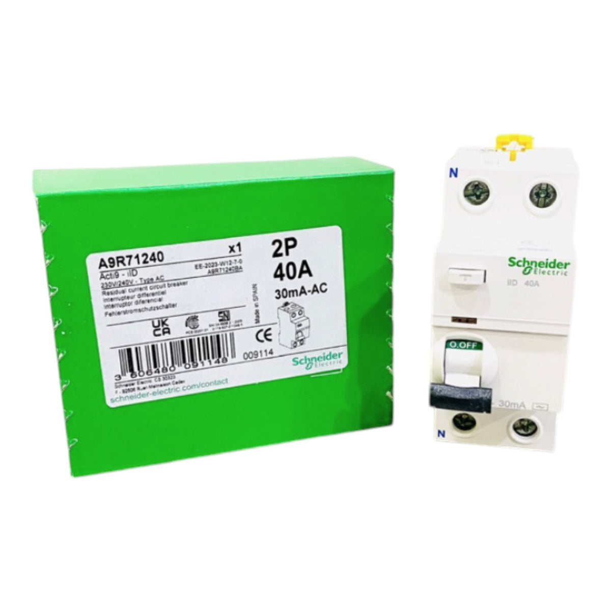 Schneider Electric 2P 40A AC circuit breaker shown next to its green retail packaging box, on a plain white background.