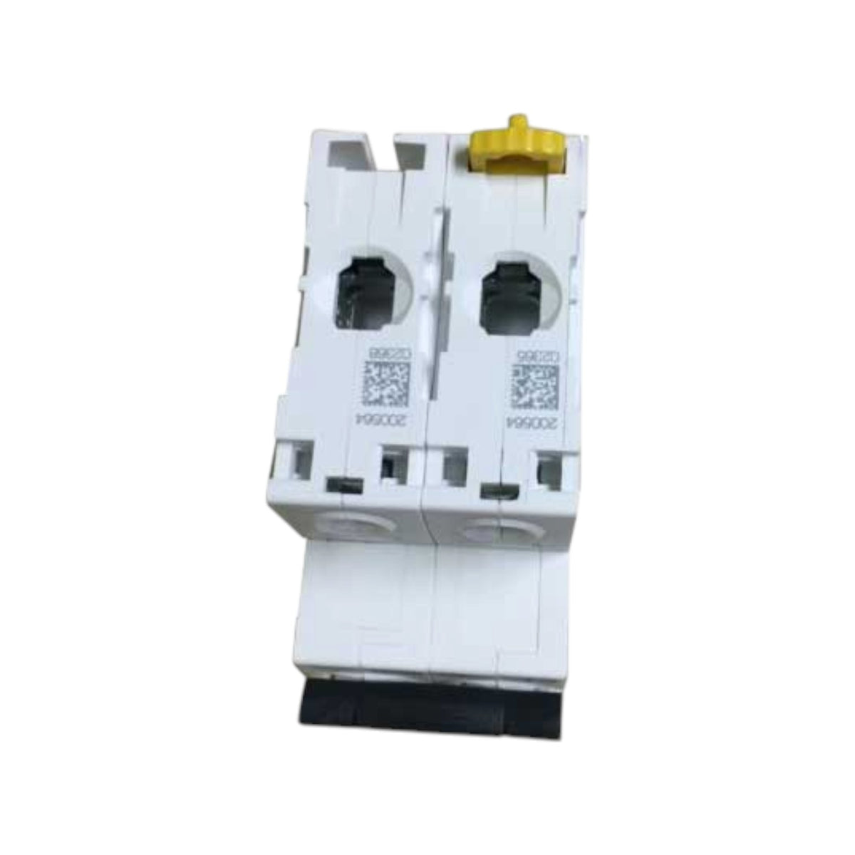 A white double-pole circuit breaker with a yellow top handle knob and a black bottom base, shown on a plain white background.